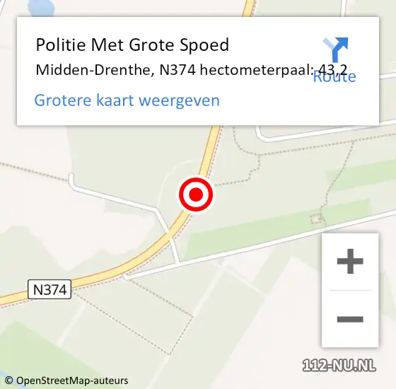 Locatie op kaart van de 112 melding: Politie Met Grote Spoed Naar Midden-Drenthe, N374 hectometerpaal: 43,2 op 14 december 2021 17:40