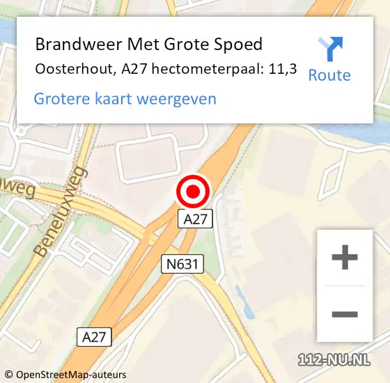 Locatie op kaart van de 112 melding: Brandweer Met Grote Spoed Naar Oosterhout, A27 hectometerpaal: 11,3 op 14 december 2021 21:18