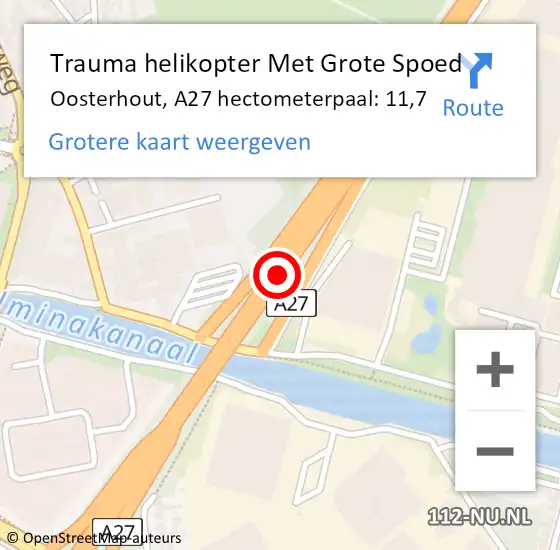 Locatie op kaart van de 112 melding: Trauma helikopter Met Grote Spoed Naar Oosterhout, A27 hectometerpaal: 11,7 op 14 december 2021 21:24