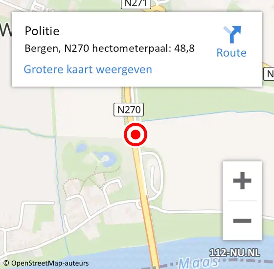 Locatie op kaart van de 112 melding: Politie Bergen, N270 hectometerpaal: 48,8 op 15 december 2021 14:26