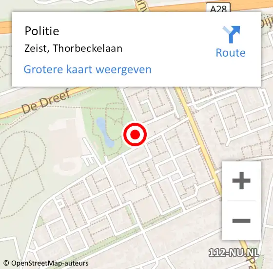 Locatie op kaart van de 112 melding: Politie Zeist, Thorbeckelaan op 15 december 2021 14:34