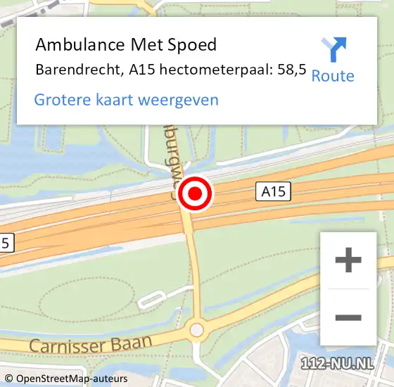 Locatie op kaart van de 112 melding: Ambulance Met Spoed Naar Barendrecht, A15 hectometerpaal: 58,5 op 16 december 2021 07:27