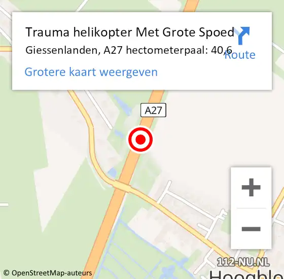 Locatie op kaart van de 112 melding: Trauma helikopter Met Grote Spoed Naar Giessenlanden, A27 hectometerpaal: 40,6 op 16 december 2021 09:28