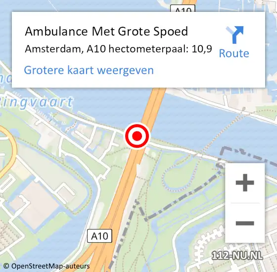 Locatie op kaart van de 112 melding: Ambulance Met Grote Spoed Naar Amsterdam, A10 hectometerpaal: 10,9 op 16 december 2021 17:26
