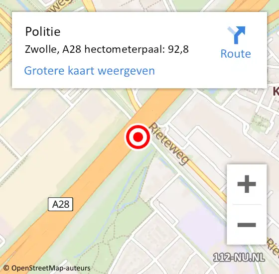 Locatie op kaart van de 112 melding: Politie Zwolle, A28 hectometerpaal: 92,8 op 16 december 2021 22:55