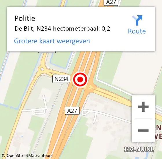 Locatie op kaart van de 112 melding: Politie De Bilt, N234 hectometerpaal: 0,2 op 17 december 2021 10:20