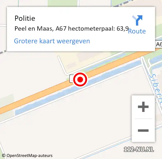 Locatie op kaart van de 112 melding: Politie Peel en Maas, A67 hectometerpaal: 63,9 op 19 december 2021 05:09