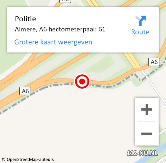 Locatie op kaart van de 112 melding: Politie Almere, A6 hectometerpaal: 61 op 19 december 2021 18:02
