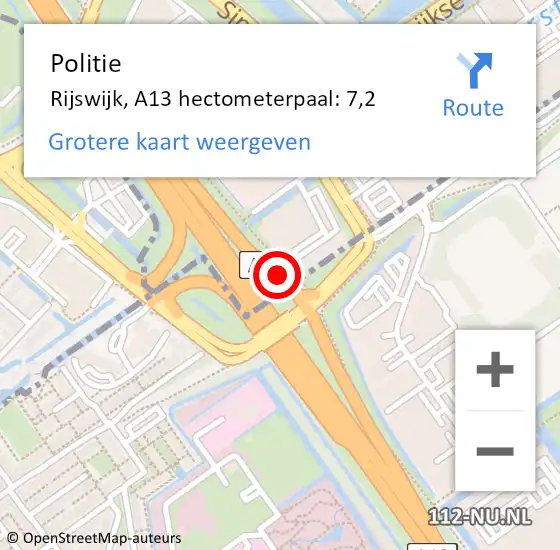 Locatie op kaart van de 112 melding: Politie Rijswijk, A13 hectometerpaal: 7,2 op 20 december 2021 14:58
