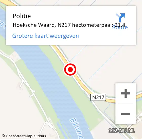 Locatie op kaart van de 112 melding: Politie Binnenmaas, N217 hectometerpaal: 21,4 op 20 december 2021 17:15