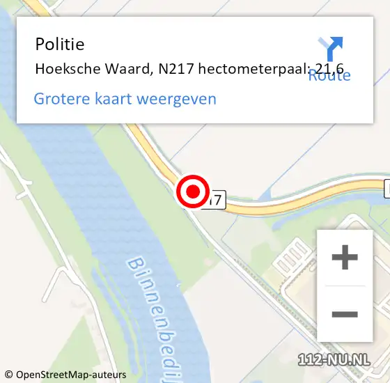 Locatie op kaart van de 112 melding: Politie Binnenmaas, N217 hectometerpaal: 21,6 op 20 december 2021 17:18
