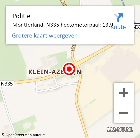 Locatie op kaart van de 112 melding: Politie Montferland, N335 hectometerpaal: 13,9 op 21 december 2021 16:02