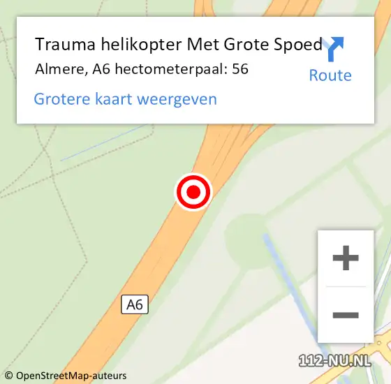 Locatie op kaart van de 112 melding: Trauma helikopter Met Grote Spoed Naar Almere, A6 hectometerpaal: 56 op 22 december 2021 19:27
