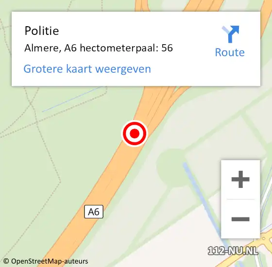 Locatie op kaart van de 112 melding: Politie Almere, A6 hectometerpaal: 56 op 22 december 2021 20:24