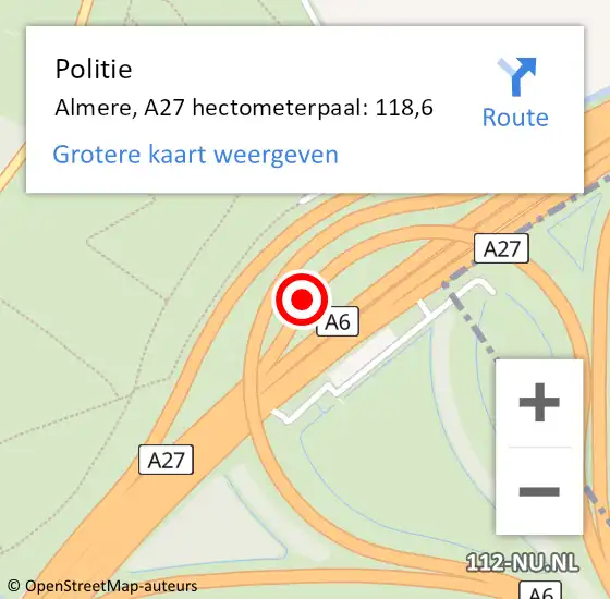 Locatie op kaart van de 112 melding: Politie Almere, A27 hectometerpaal: 118,6 op 23 december 2021 08:43