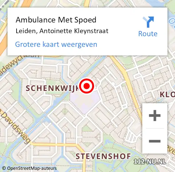 Locatie op kaart van de 112 melding: Ambulance Met Spoed Naar Leiden, Antoinette Kleynstraat op 23 december 2021 08:54
