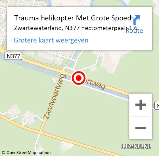 Locatie op kaart van de 112 melding: Trauma helikopter Met Grote Spoed Naar Zwartewaterland, N377 hectometerpaal: 1,6 op 24 december 2021 08:34