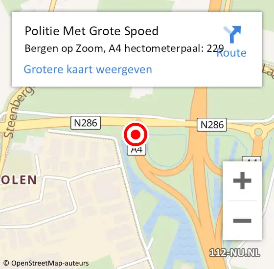 Locatie op kaart van de 112 melding: Politie Met Grote Spoed Naar Bergen op Zoom, A4 hectometerpaal: 229 op 24 december 2021 20:34