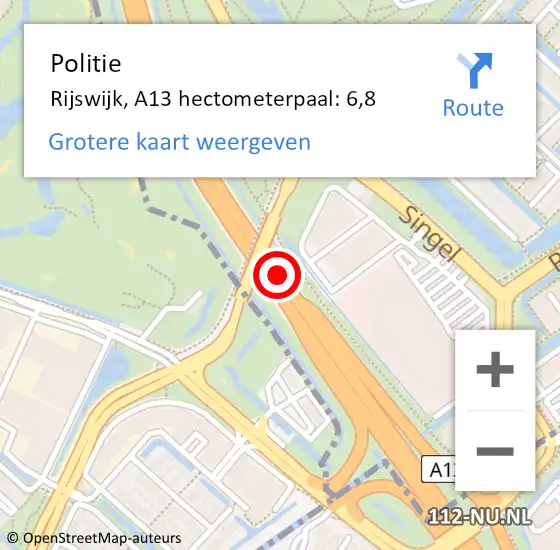 Locatie op kaart van de 112 melding: Politie Rijswijk, A13 hectometerpaal: 6,8 op 25 december 2021 09:49