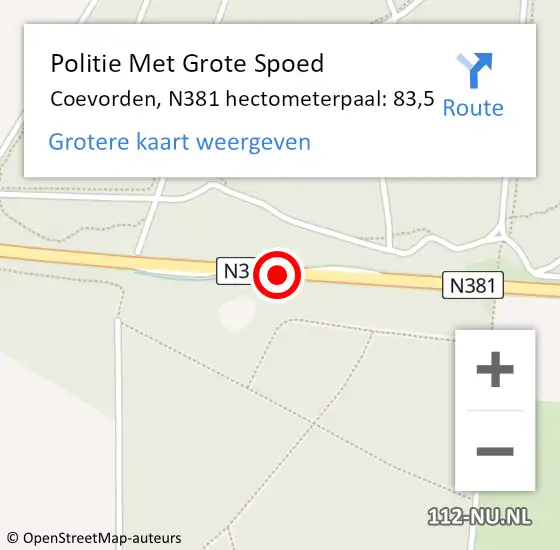 Locatie op kaart van de 112 melding: Politie Met Grote Spoed Naar Coevorden, N381 hectometerpaal: 83,5 op 25 december 2021 10:22