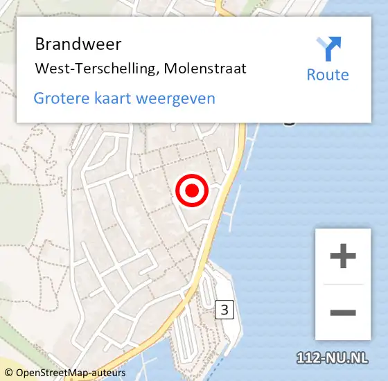 Locatie op kaart van de 112 melding: Brandweer West-Terschelling, Molenstraat op 25 december 2021 15:33