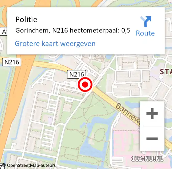 Locatie op kaart van de 112 melding: Politie Gorinchem, N216 hectometerpaal: 0,5 op 25 december 2021 17:54