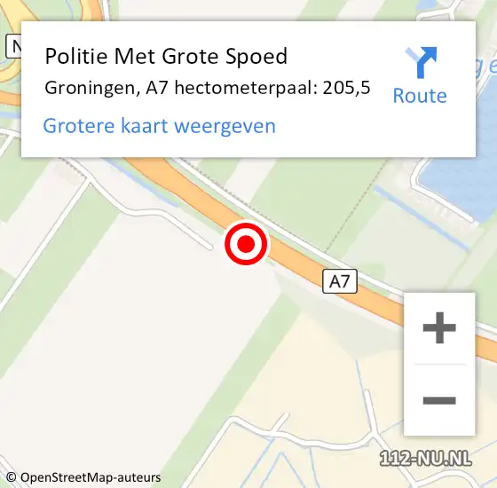 Locatie op kaart van de 112 melding: Politie Met Grote Spoed Naar Groningen, A7 hectometerpaal: 205,5 op 27 december 2021 07:32