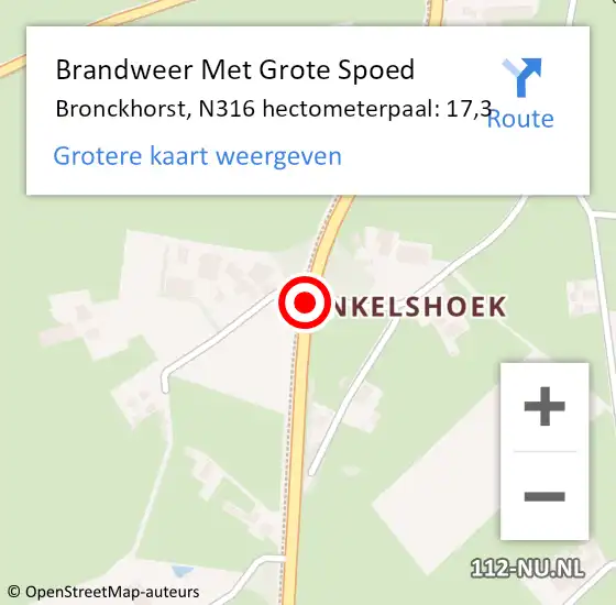 Locatie op kaart van de 112 melding: Brandweer Met Grote Spoed Naar Bronckhorst, N316 hectometerpaal: 17,3 op 27 december 2021 08:12