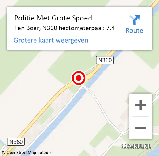 Locatie op kaart van de 112 melding: Politie Met Grote Spoed Naar Ten Boer, N360 hectometerpaal: 7,4 op 28 december 2021 05:27