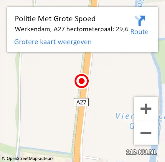 Locatie op kaart van de 112 melding: Politie Met Grote Spoed Naar Werkendam, A27 hectometerpaal: 29,6 op 28 december 2021 10:46