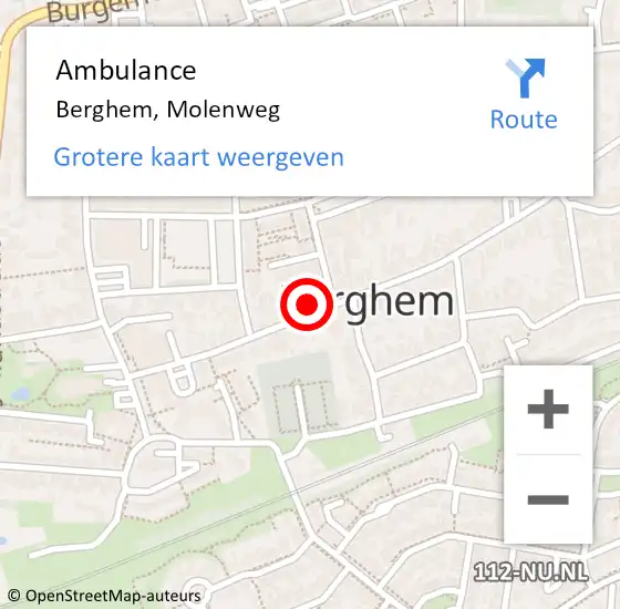 Locatie op kaart van de 112 melding: Ambulance Berghem, Molenweg op 1 januari 2022 06:14