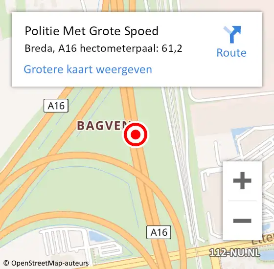 Locatie op kaart van de 112 melding: Politie Met Grote Spoed Naar Breda, A16 hectometerpaal: 61,2 op 2 januari 2022 01:07