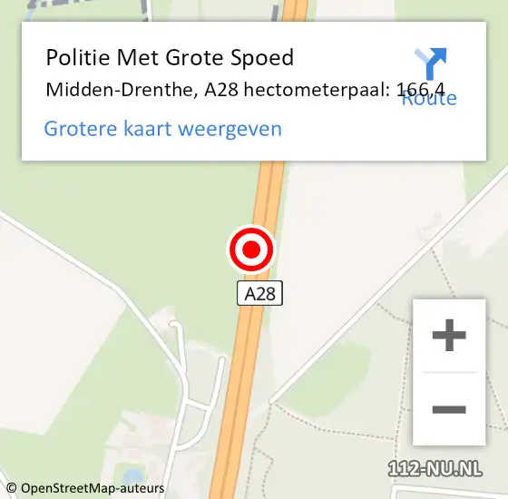 Locatie op kaart van de 112 melding: Politie Met Grote Spoed Naar Midden-Drenthe, A28 hectometerpaal: 166,4 op 2 januari 2022 09:22