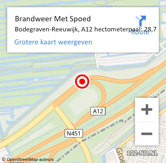 Locatie op kaart van de 112 melding: Brandweer Met Spoed Naar Bodegraven-Reeuwijk, A12 hectometerpaal: 28,7 op 4 januari 2022 13:17