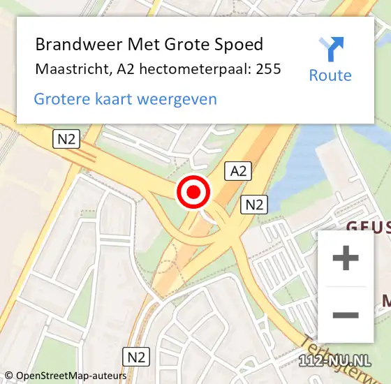 Locatie op kaart van de 112 melding: Brandweer Met Grote Spoed Naar Maastricht, A2 hectometerpaal: 255 op 4 januari 2022 21:12
