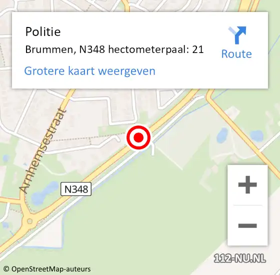 Locatie op kaart van de 112 melding: Politie Brummen, N348 hectometerpaal: 21 op 5 januari 2022 14:46