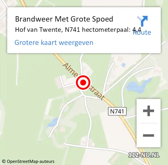 Locatie op kaart van de 112 melding: Brandweer Met Grote Spoed Naar Hof van Twente, N741 hectometerpaal: 4,4 op 6 januari 2022 08:30