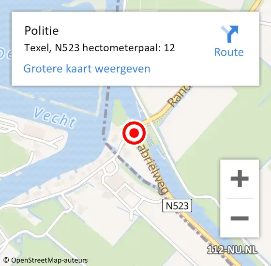 Locatie op kaart van de 112 melding: Politie Texel, N523 hectometerpaal: 12 op 7 januari 2022 11:27