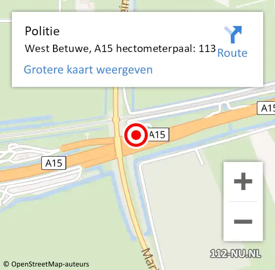 Locatie op kaart van de 112 melding: Politie Neerijnen, A15 hectometerpaal: 113 op 7 januari 2022 11:30