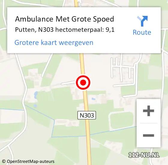 Locatie op kaart van de 112 melding: Ambulance Met Grote Spoed Naar Putten, N303 hectometerpaal: 9,1 op 8 januari 2022 16:34