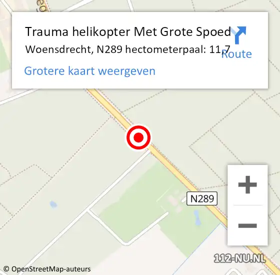 Locatie op kaart van de 112 melding: Trauma helikopter Met Grote Spoed Naar Woensdrecht, N289 hectometerpaal: 11,7 op 8 januari 2022 16:57