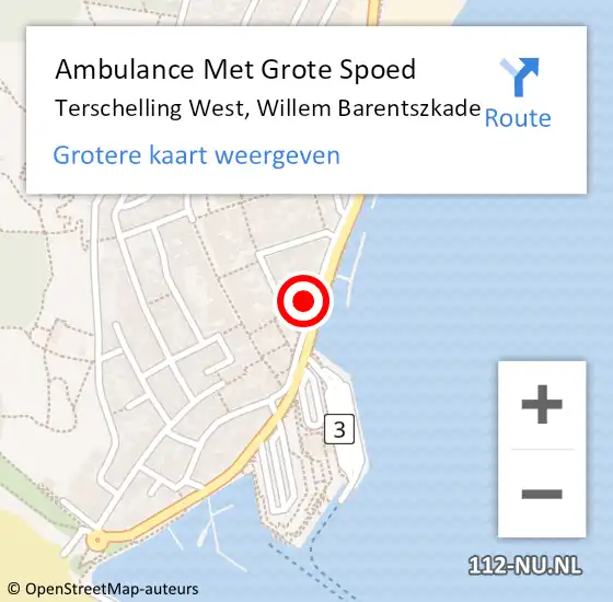 Locatie op kaart van de 112 melding: Ambulance Met Grote Spoed Naar Terschelling West, Willem Barentszkade op 4 juli 2014 18:33