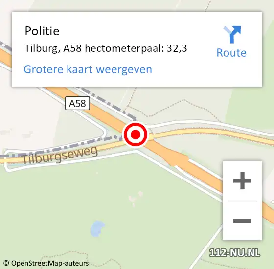 Locatie op kaart van de 112 melding: Politie Tilburg, A58 hectometerpaal: 32,3 op 9 januari 2022 18:03