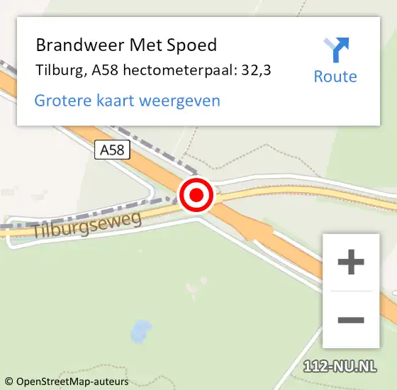 Locatie op kaart van de 112 melding: Brandweer Met Spoed Naar Tilburg, A58 hectometerpaal: 32,3 op 9 januari 2022 18:09