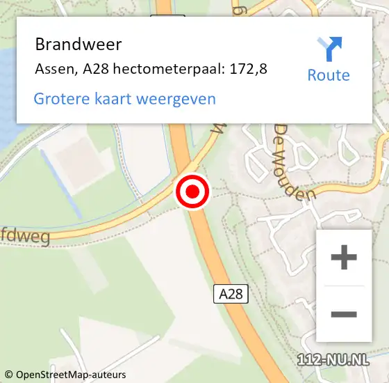 Locatie op kaart van de 112 melding: Brandweer Assen, A28 hectometerpaal: 172,8 op 10 januari 2022 07:42