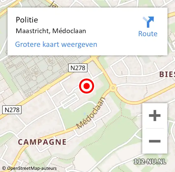 Locatie op kaart van de 112 melding: Politie Maastricht, Médoclaan op 10 januari 2022 08:37