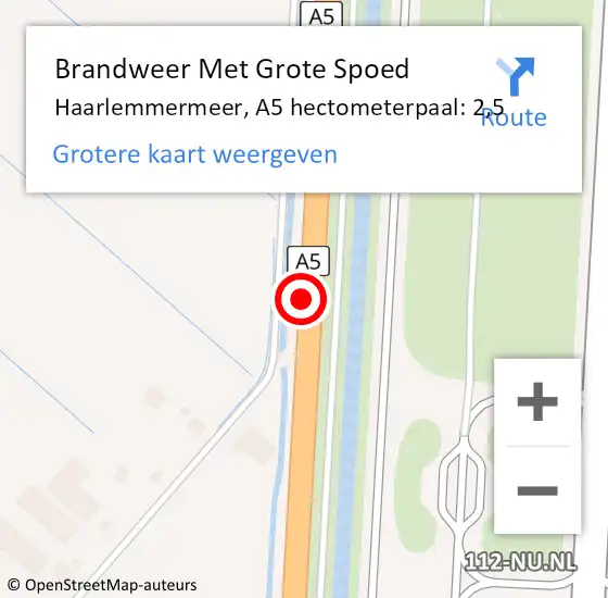 Locatie op kaart van de 112 melding: Brandweer Met Grote Spoed Naar Haarlemmermeer, A5 hectometerpaal: 2,5 op 10 januari 2022 20:19