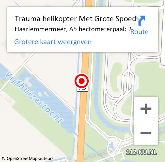 Locatie op kaart van de 112 melding: Trauma helikopter Met Grote Spoed Naar Haarlemmermeer, A5 hectometerpaal: 2 op 11 januari 2022 08:22