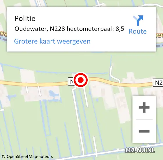 Locatie op kaart van de 112 melding: Politie Oudewater, N228 hectometerpaal: 8,5 op 11 januari 2022 08:33
