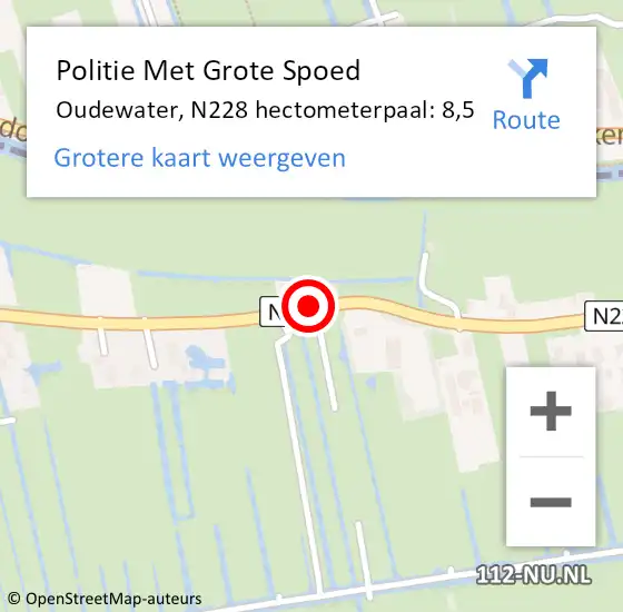 Locatie op kaart van de 112 melding: Politie Met Grote Spoed Naar Oudewater, N228 hectometerpaal: 8,5 op 11 januari 2022 08:50